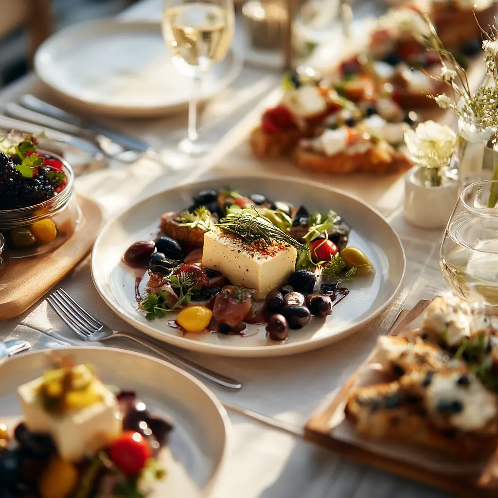 Elegant catered lunch setting with gourmet dishes